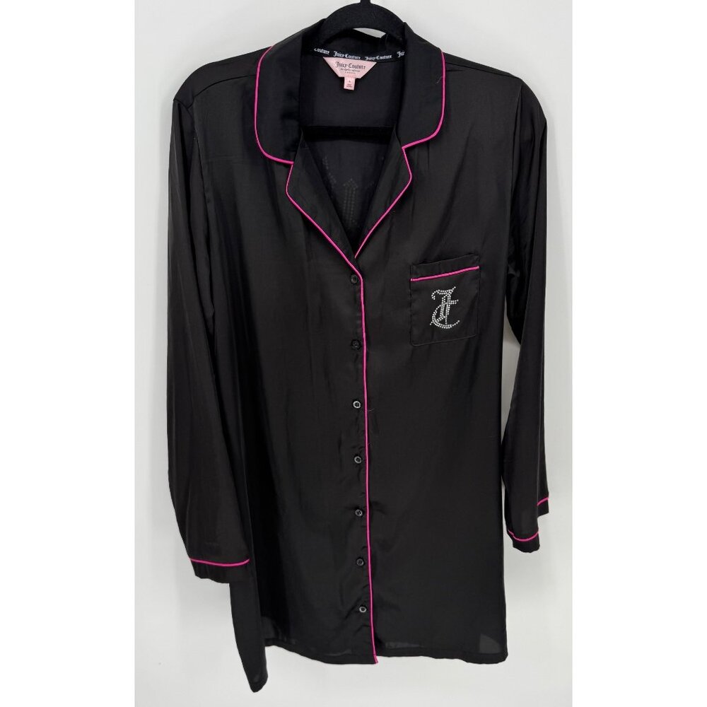 Juicy Couture satin long sleeve button down black nightgown lounge shirt